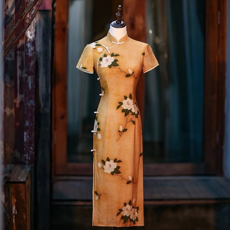 黄色民国风老上海旗袍素雅复古气质年轻款夏季改良日常女高端裙装