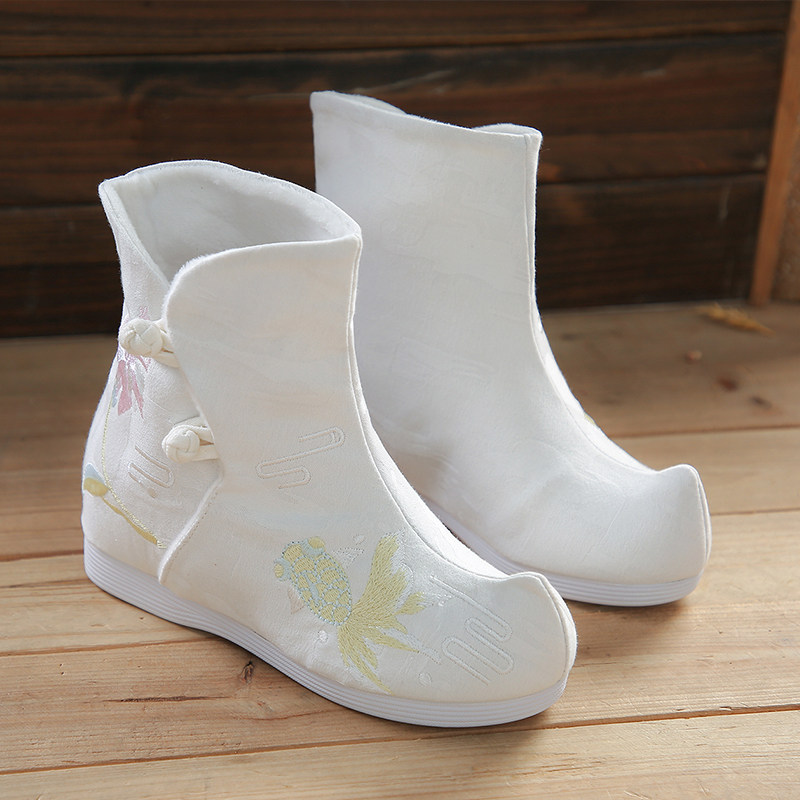 宫池夏冬季古装汉服鞋女中国复古风绣花鞋短筒女靴百搭盘扣布靴单