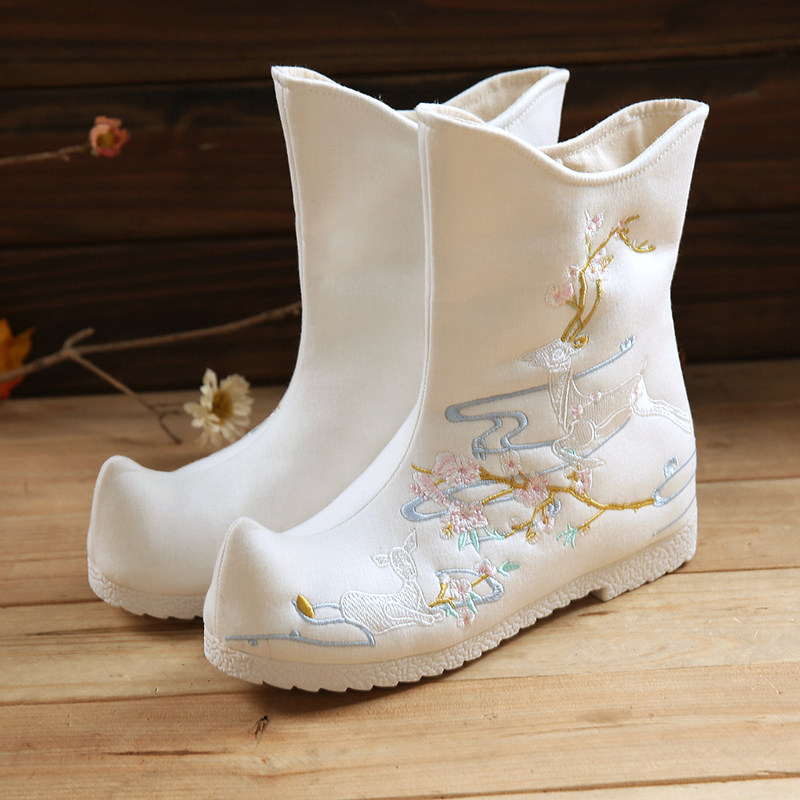 宫池汉服靴子女古风翘头履弓鞋女高帮绣花靴内增高单棉布靴绣花鞋