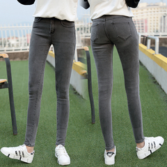 韩国高腰烟灰色带绒牛仔裤女长裤修身显瘦弹性加绒加厚小脚铅笔裤
