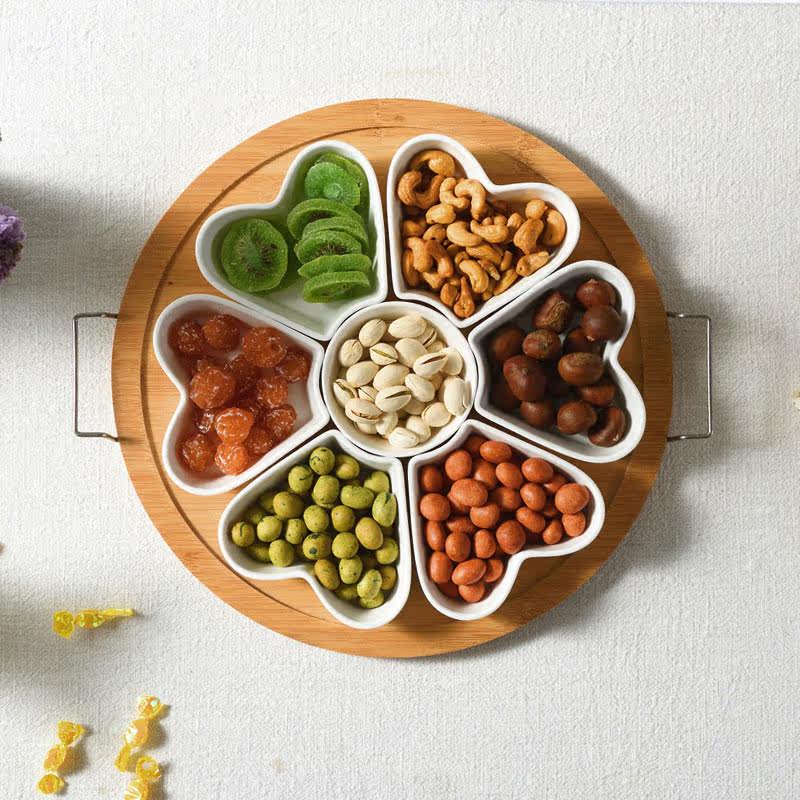 年货干果盘分格带盖防潮糖果收纳盒客厅瓜子小吃零食拼盘陶瓷组合