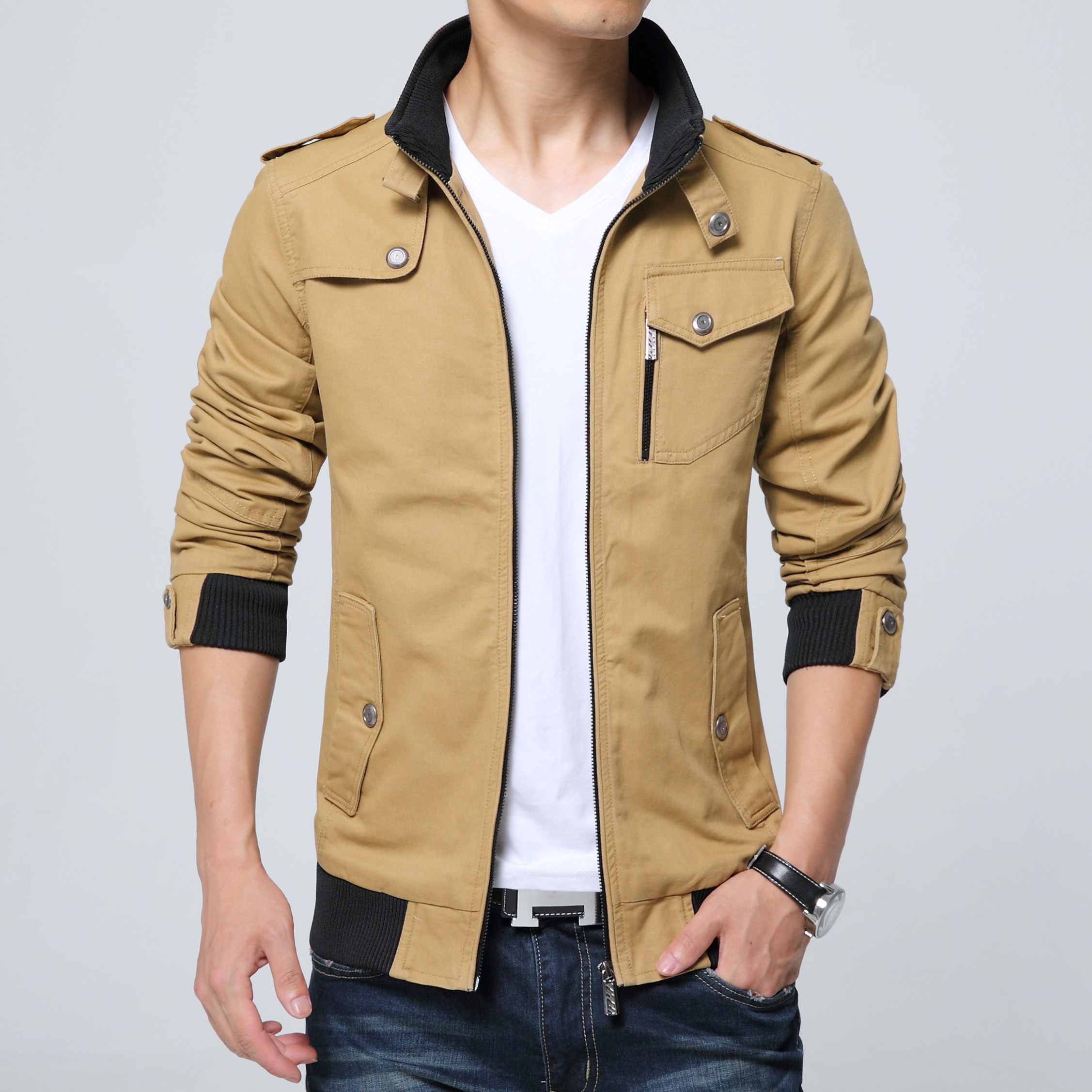 春秋商务休闲男装青年短款夹克衫男士薄款外套中年立领加大码外衣