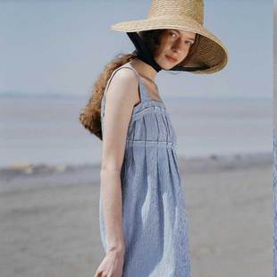 softself/风的形状 法式浪漫纯棉蓝色竖条纹背带无袖连衣裙子夏季