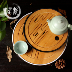 茗魁茶具日式干泡茶盘竹制仿陶瓷茶海密胺茶托内嵌储水功夫小茶盘