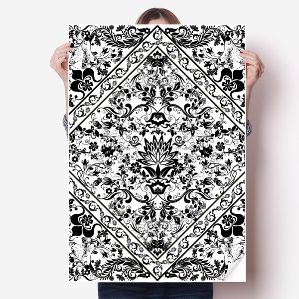 黑白巴洛克花朵现代图案海报贴纸80x55cm墙贴纸卧室家居装饰