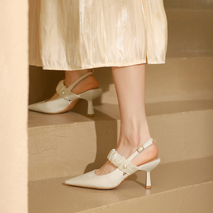 法式高跟白色包头凉鞋女2024年新款仙女风高级感气质尖头单鞋婚鞋