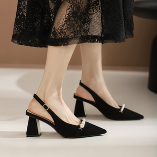 法式高级感旗袍高跟鞋女2023年夏季新款黑色粗跟包头凉鞋尖头单鞋