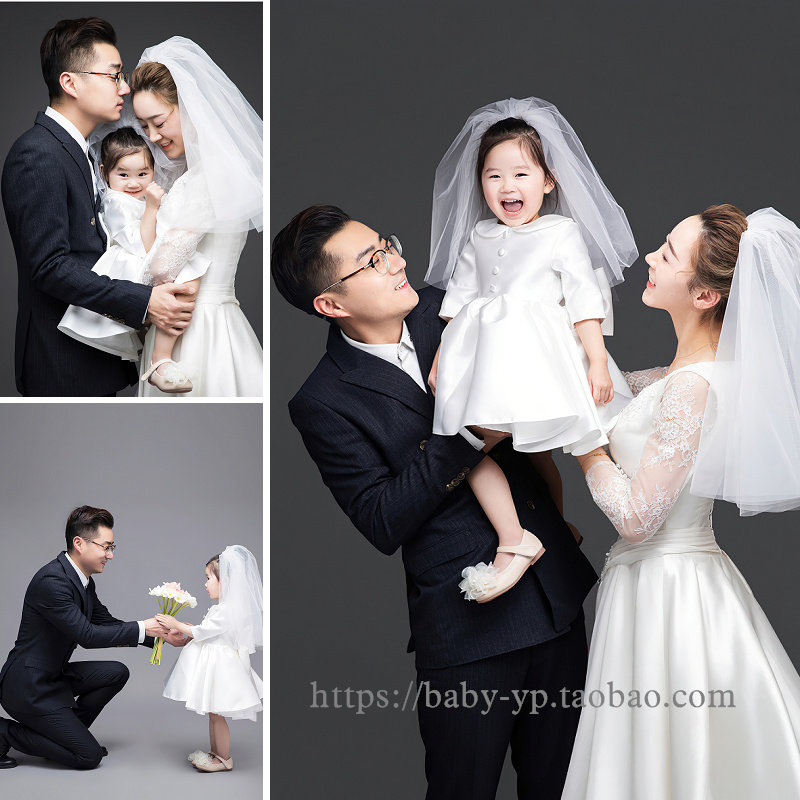 婚纱头纱亲子照全家福样片912影楼客照室内纯色儿童照