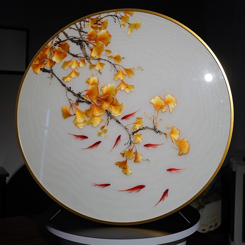 刺绣画银杏九鱼客厅入户玄关纯手工苏州苏绣挂画成品新中式装饰画