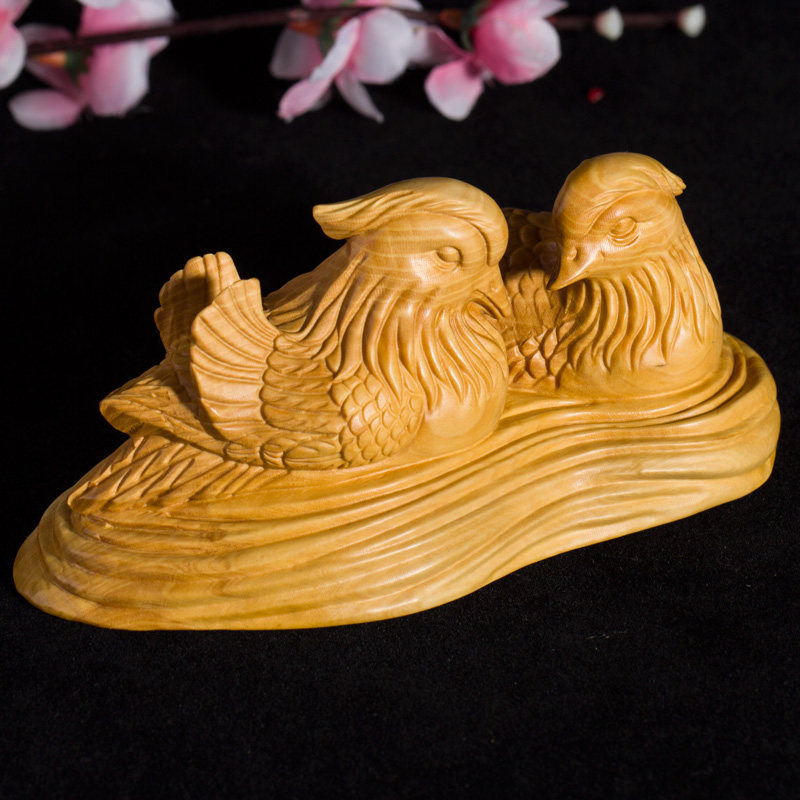 黄杨木雕鸳鸯戏水家居装饰摆件中式实木雕刻手工艺品文玩茶宠送礼