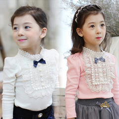 韩版女童春秋款T恤儿童纯棉蕾丝领百搭长袖上衣纯棉打底衫加绒冬