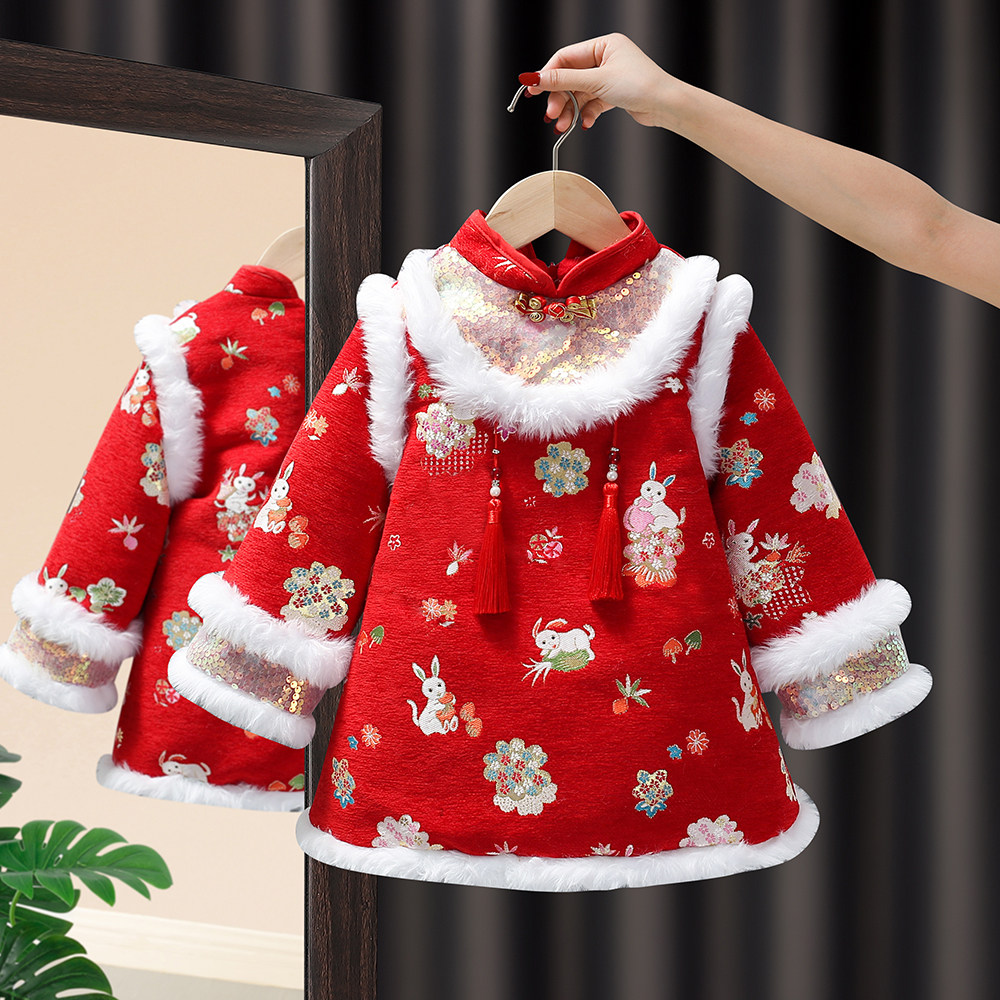 女童汉服拜年服冬装洋气宝宝加厚夹棉唐装裙子儿童中国风过年衣服