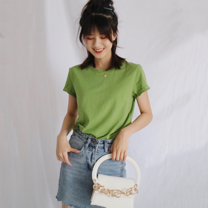 2021新款韩版夏装牛油果绿t恤女短袖修身纯棉抹茶绿百搭半袖上衣