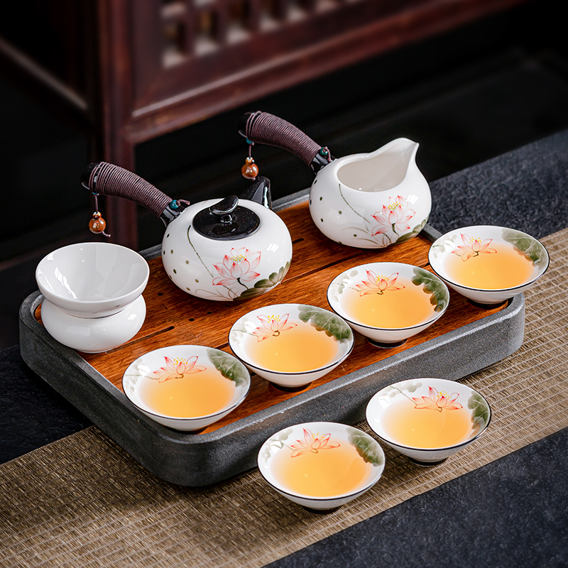 中式手绘功夫茶具套装家用简约精致陶瓷茶盘侧把茶壶茶杯礼盒现代