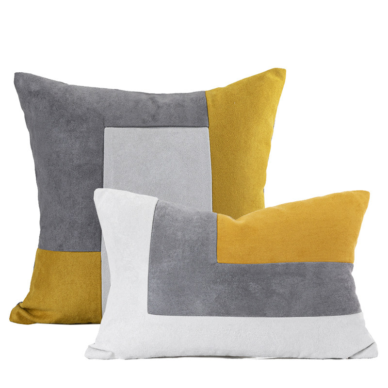 新品 黄色灰白拼接抱枕几何现代轻奢时尚样板房靠垫设计师靠包