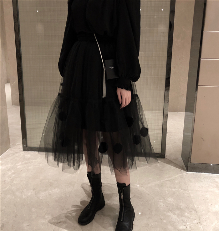 黑色纱裙女网纱裙子中长款小众暗黑秋冬蕾丝网红a字高腰半身裙潮