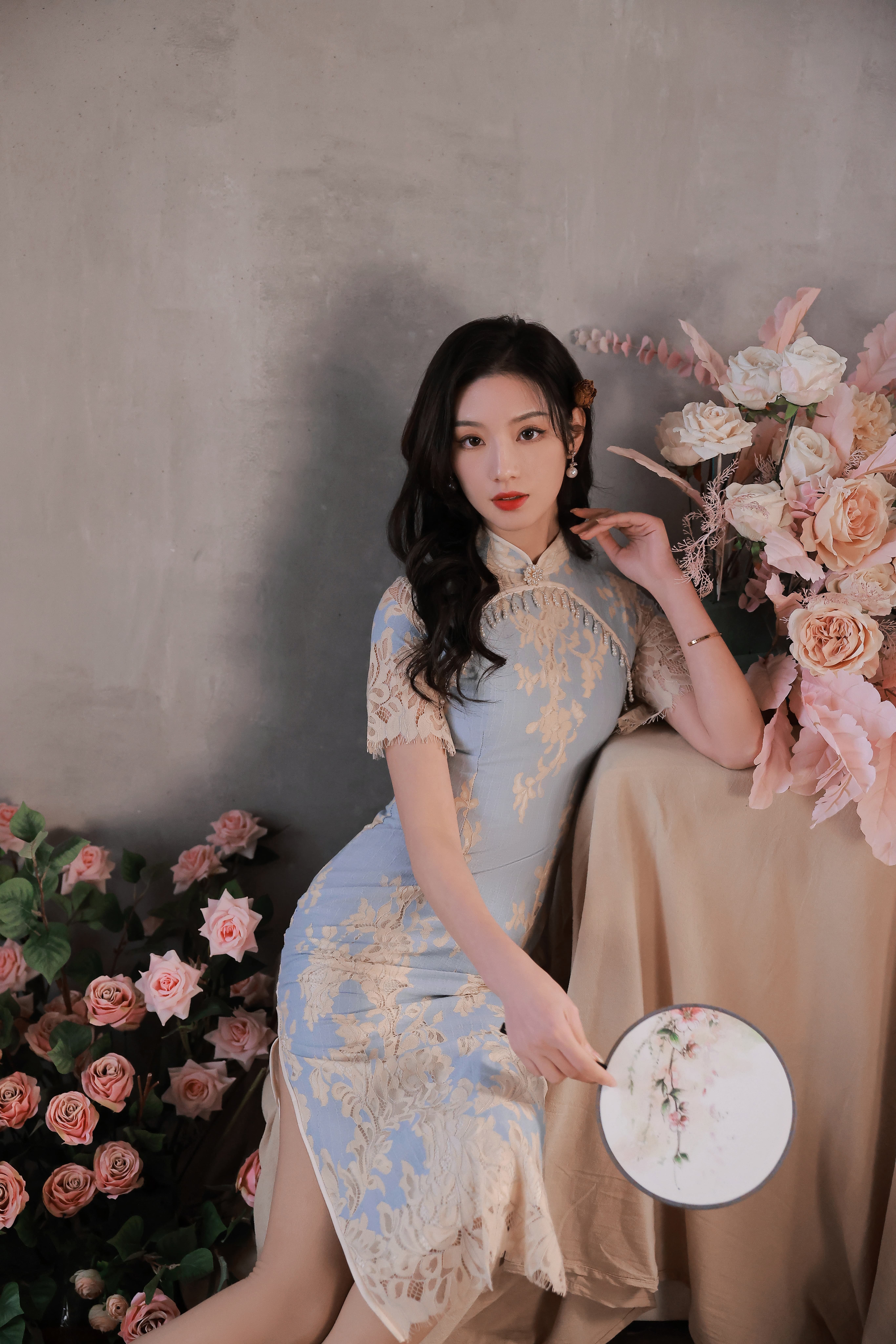 蕾丝水蓝色旗袍年轻款少女复古改良日常修身连衣裙春夏新款气质