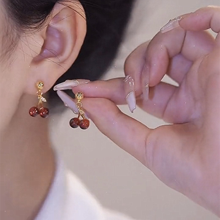 韩国新款潮红樱桃石榴石耳环女纯银针耳钉小众设计气质高级感耳饰