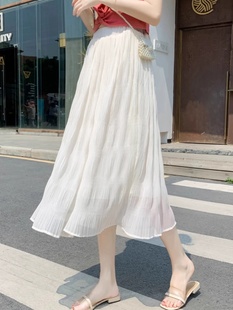白色半身裙女夏季2024新款小个子松紧腰中长款气质百褶高腰a字裙