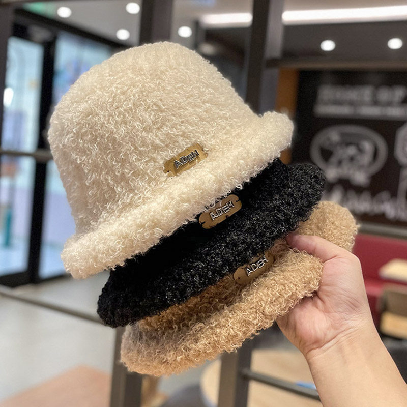 羊羔毛贴标渔夫帽子女秋冬季百搭时尚潮流日系可爱中青年保暖盆帽
