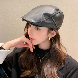 韩版pu皮质黑色贝雷帽子女个性复古英伦反戴前进鸭舌帽春秋画家帽