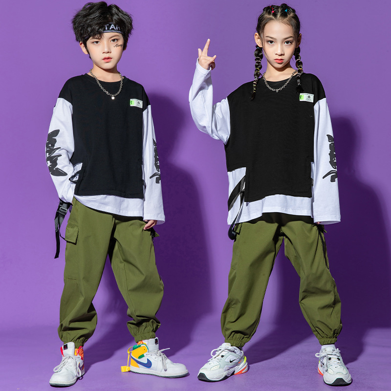 儿童演出服套装男童定制个性走秀印字秋女童hiphop爵士舞街舞童装