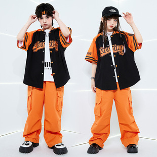 儿童街舞套装hiphop潮服男童bboy夏季橙色套装棒球服工装裤子班服