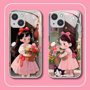 Iphone15pro花朵13少女14手机壳PLUS苹果12女max蝴蝶结8液态11玻璃XR高级X卡通XS网红7可爱SE2代3硬p带挂绳pm