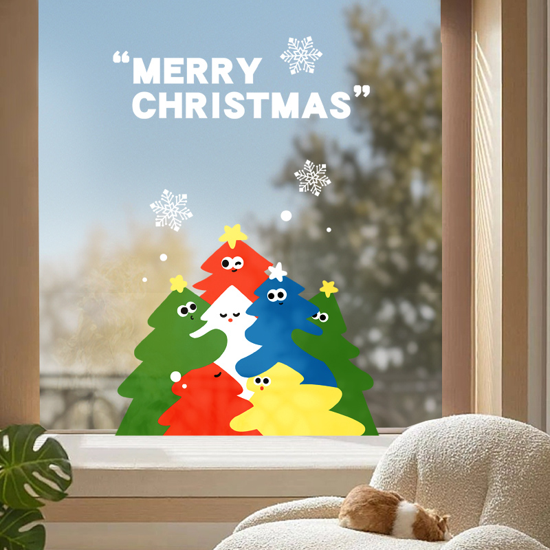 圣诞节装饰3D彩色树橱窗静电玻璃门贴纸窗花店铺场景布置窗贴节日