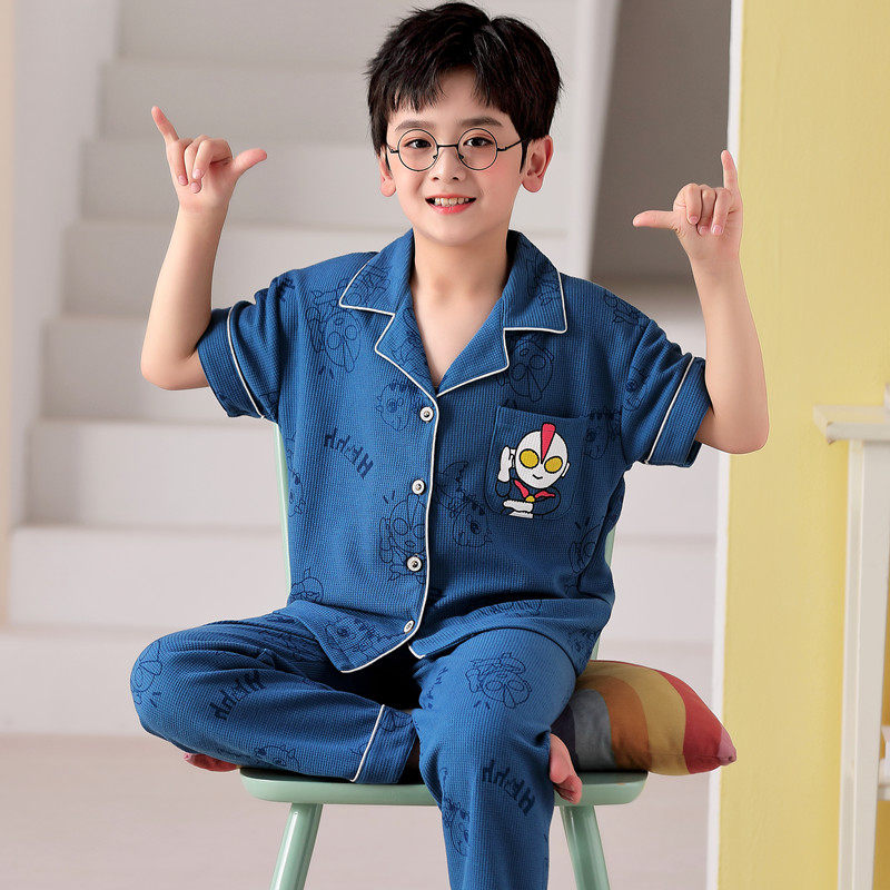 红豆夏季青少年睡衣男纯棉薄款短袖长裤卡通胖大童121315岁男孩
