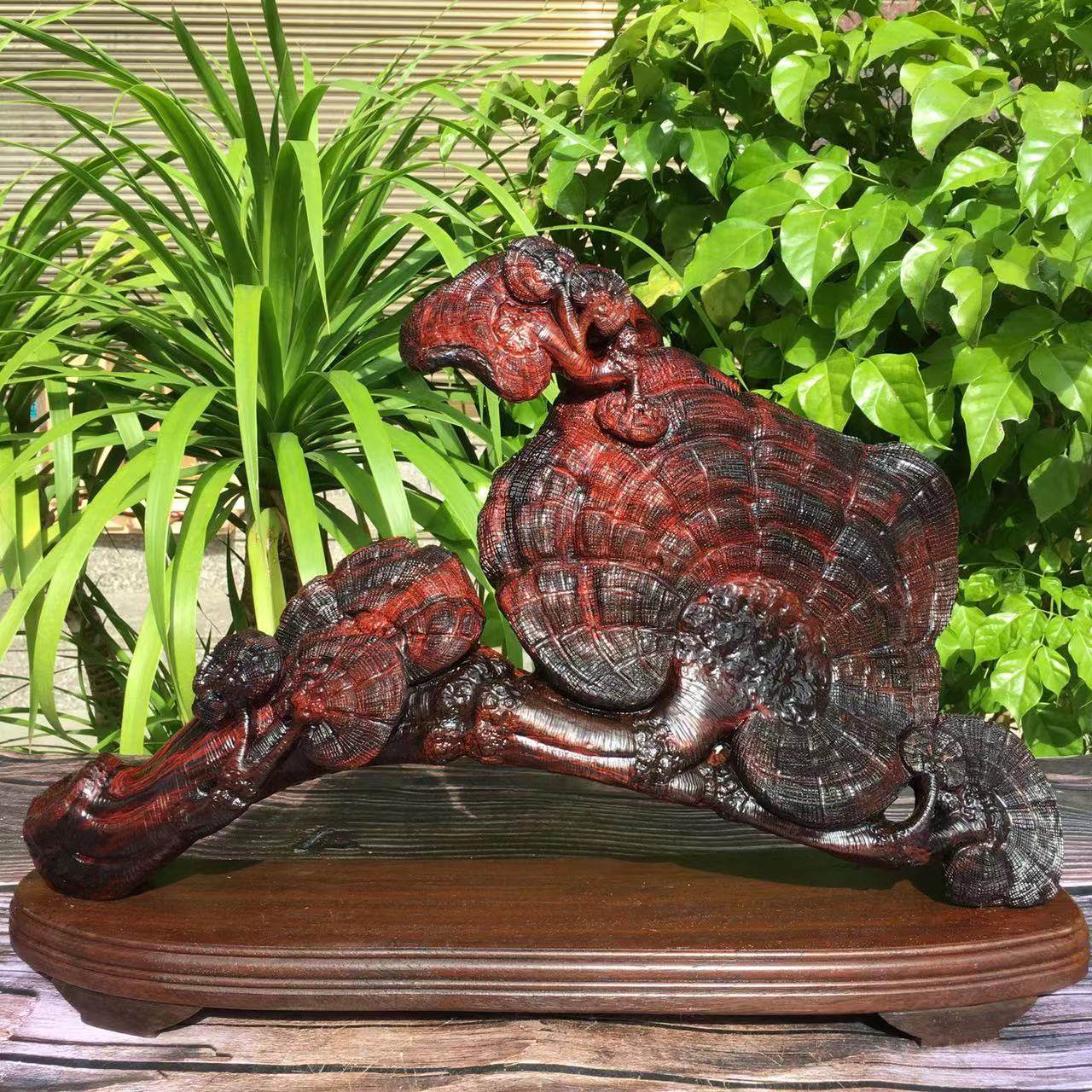 红木灵芝摆件老挝大红酸枝黑飘红实木手工雕刻客厅装饰品交趾黄檀