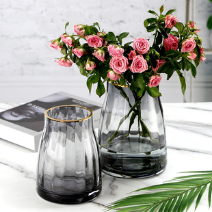 北欧轻奢描金简约灰色网红花瓶摆件餐桌客厅透明鲜花水培玻璃装饰