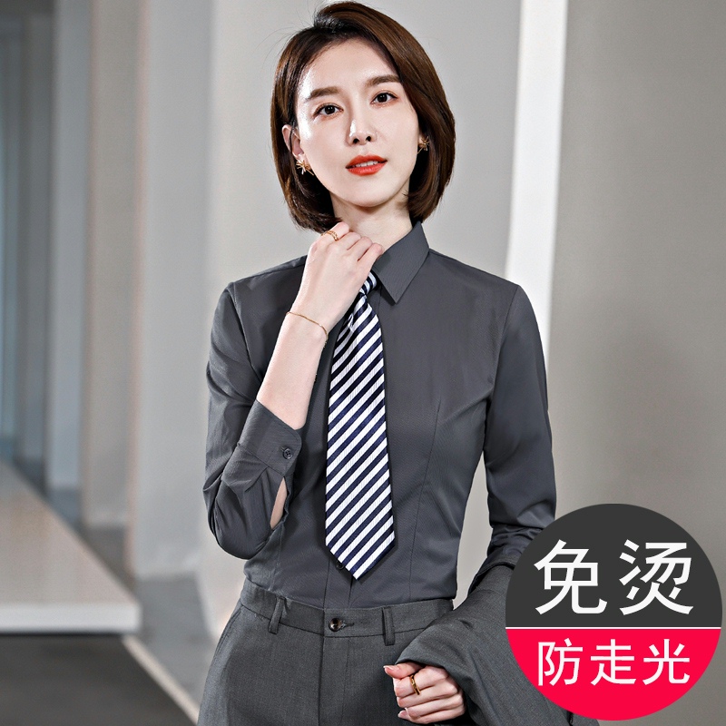 职业衬衫女长袖工作服正装秋季韩版修身免烫上班气质女士灰色衬衣