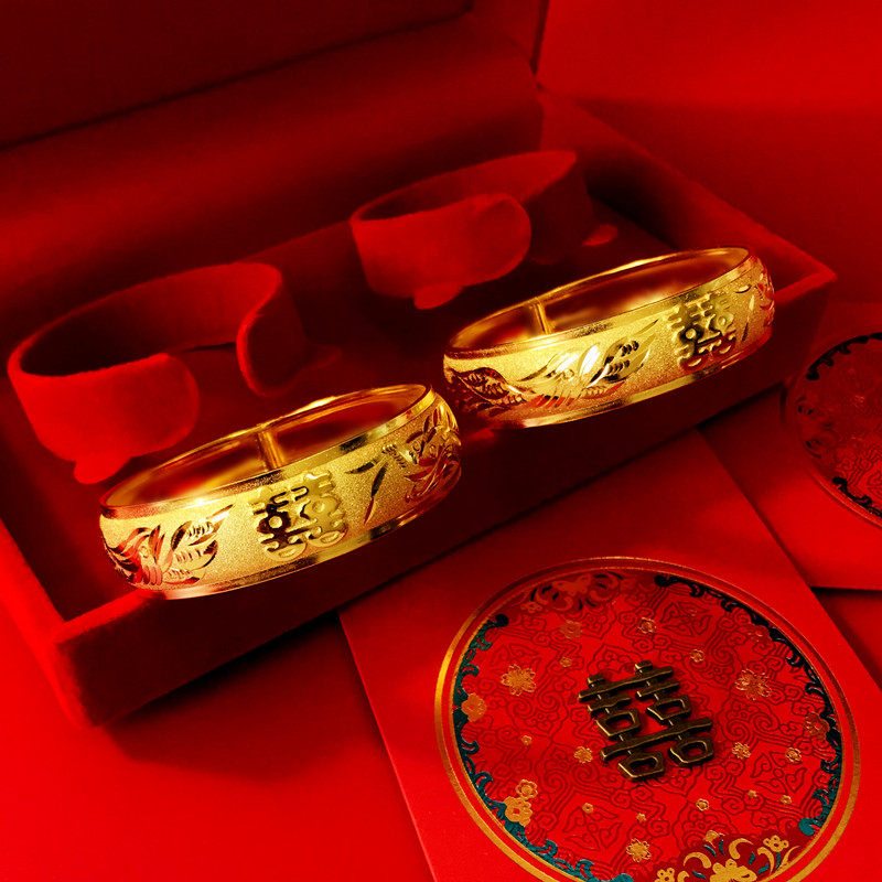 新款镀黄金仿真龙凤手镯结婚三金饰品细沙精工轻薄柔软喜字龙凤镯