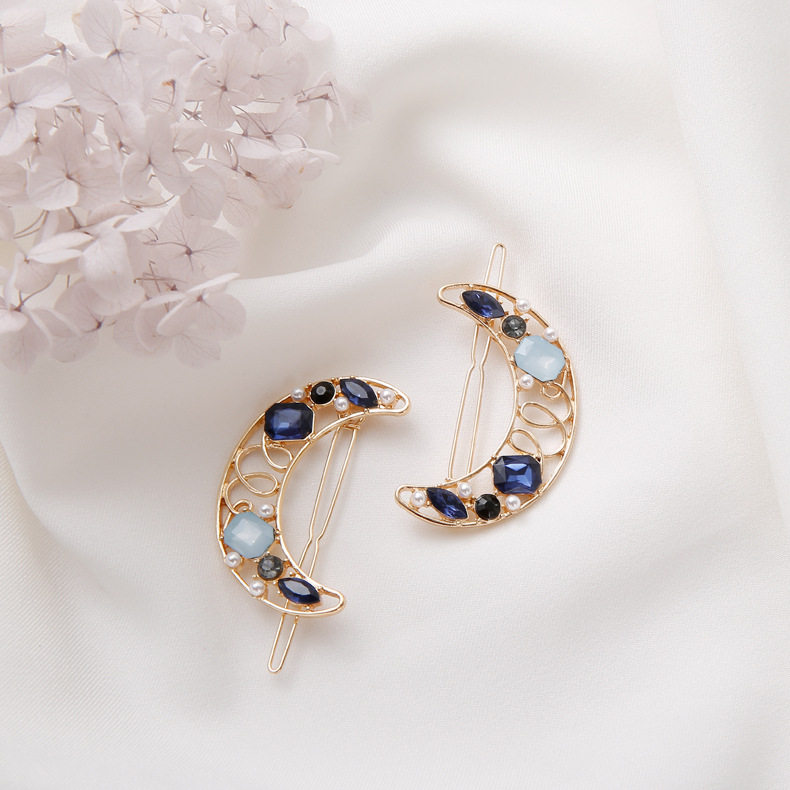 日系大牌款珍珠水钻月亮发夹成人少女星球蓝宝石淑女边夹复古顶夹_不