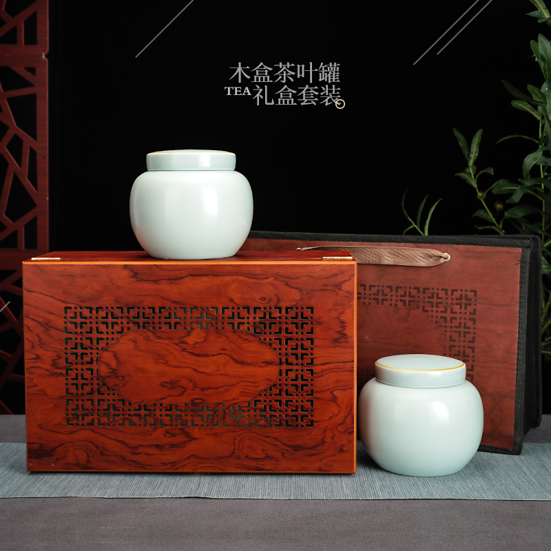 木质小花窗陶瓷茶叶罐密封通用款绿茶龙井茶铁观音茶高档礼盒包装