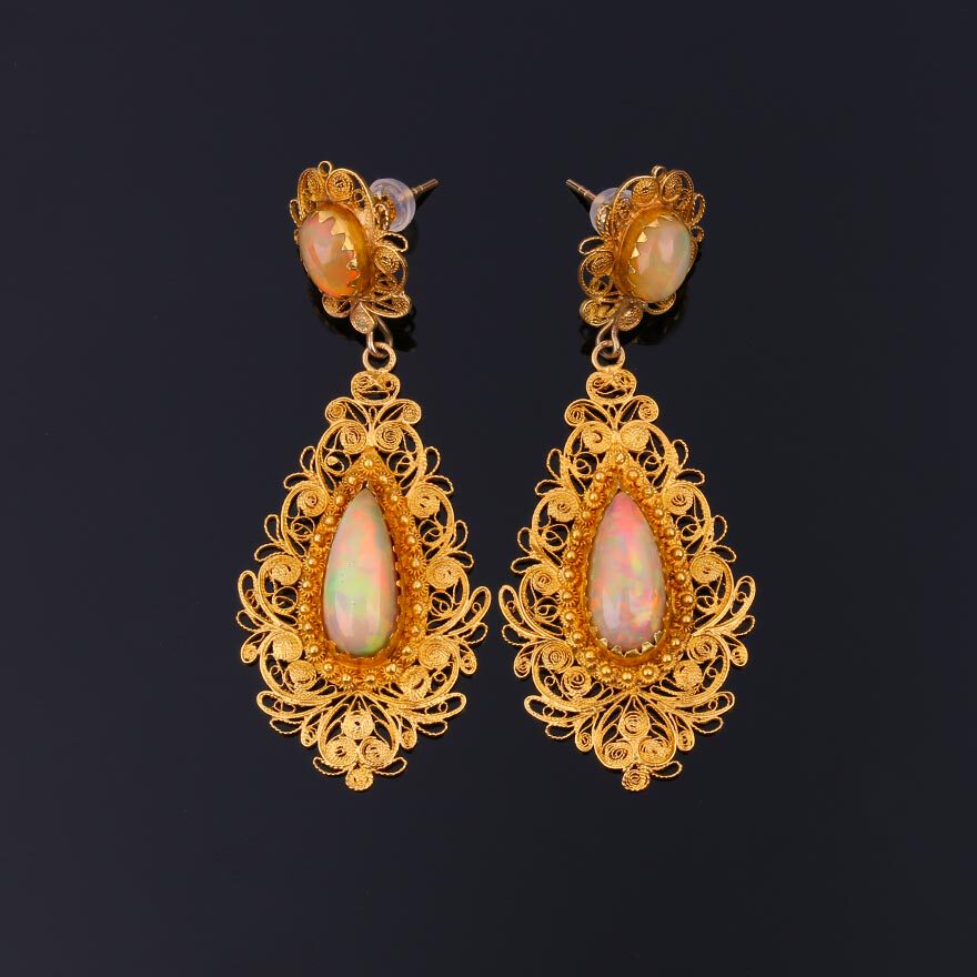 【欧洲皇室古董珠宝】欧泊15ct/19世纪古董黄金掐丝套装