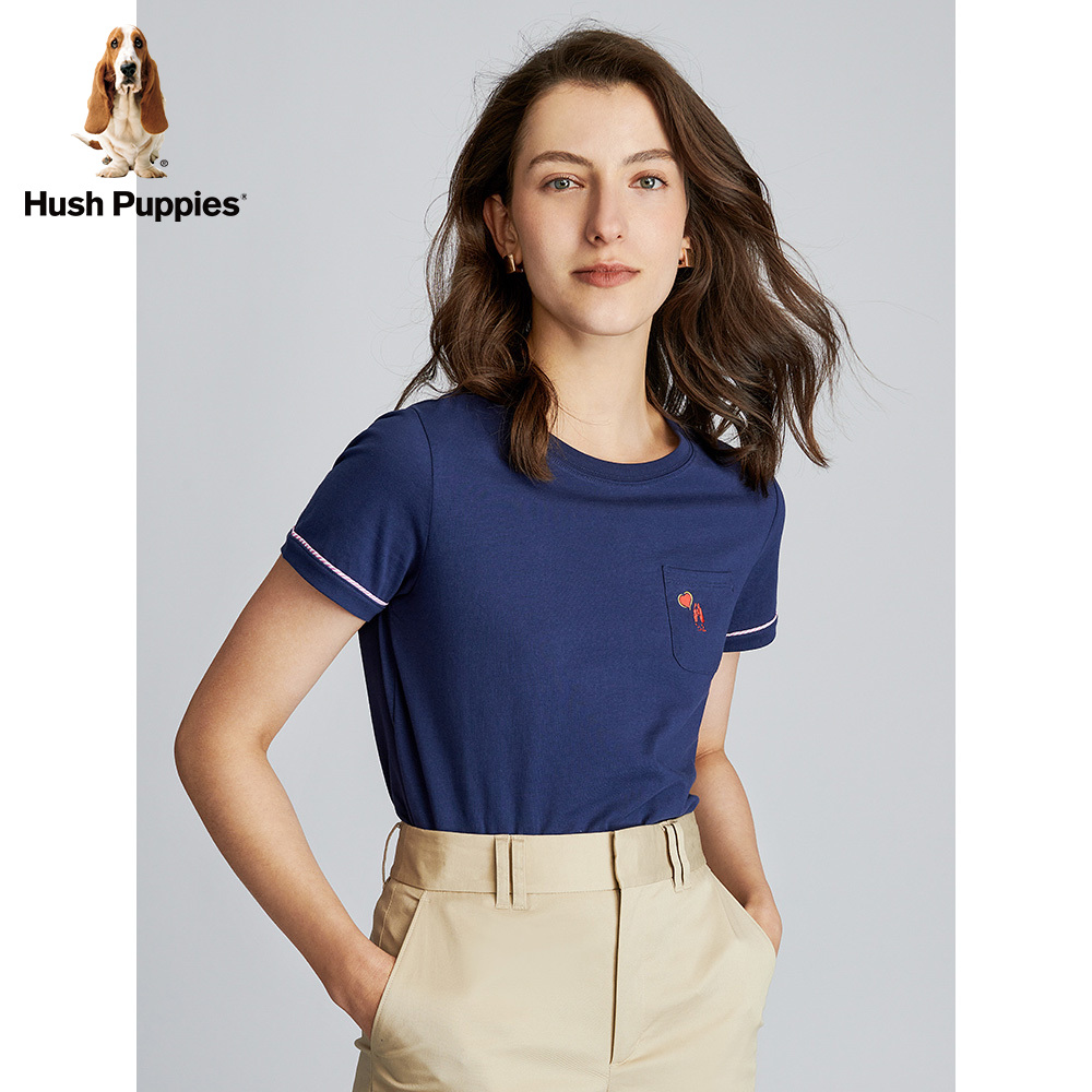 hushpuppies暇步士女装2021春新款七分袖圆领绣花t恤hc21303d