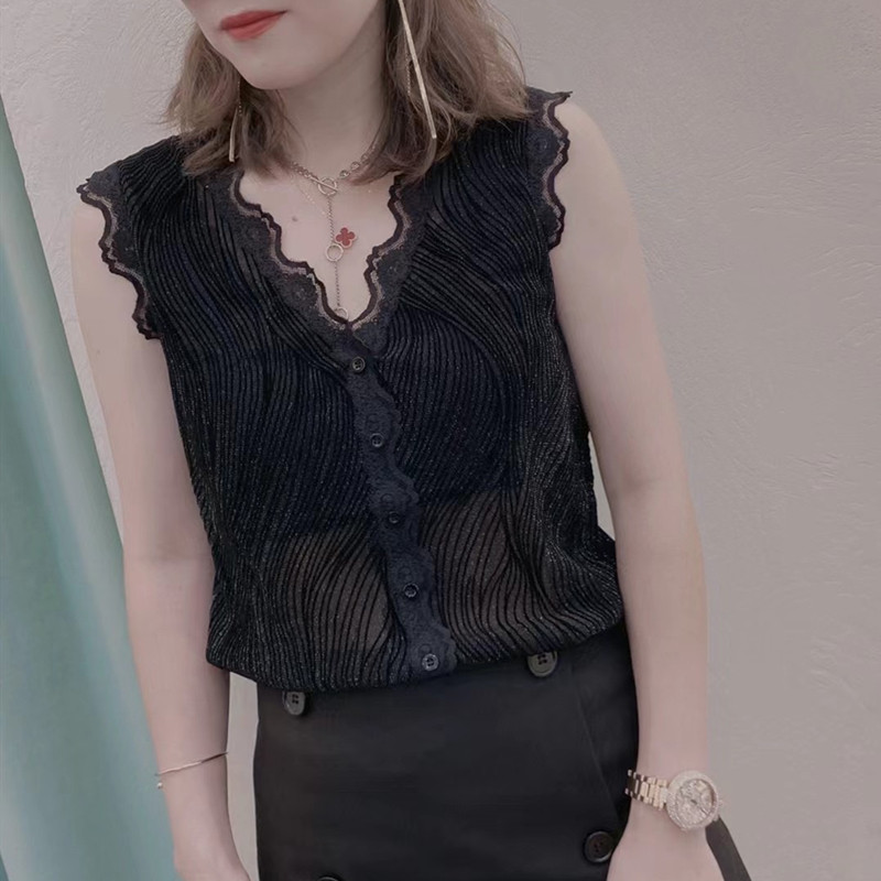 v领无袖纽扣开衫背心女人味植绒时髦性感魅惑打底蕾丝吊带上衣春