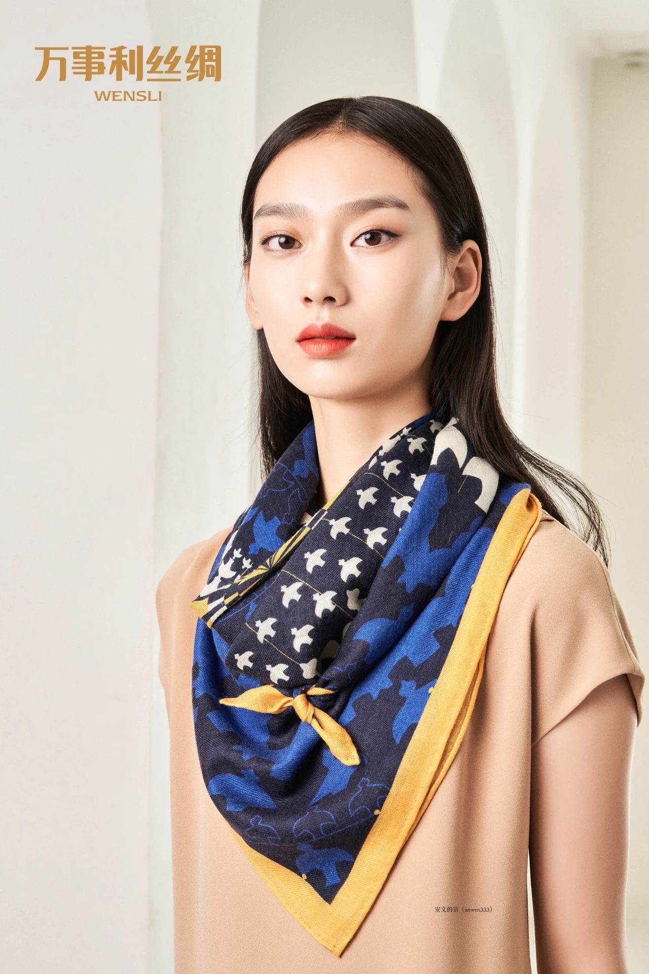 wensli万事利2020秋冬新款羊毛围巾丝巾 波普乐95*95cm喷绘斜纹