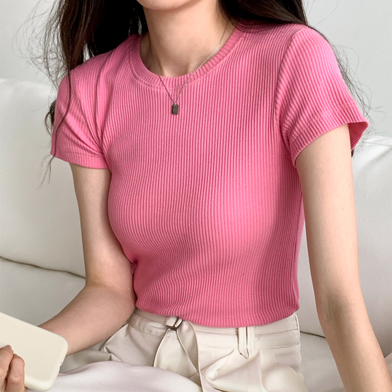 螺纹粉色短袖T恤女夏季韩版2023新款修身显瘦纯色基础款打底上衣