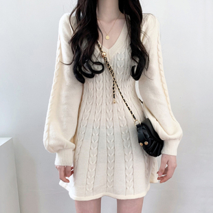 韩国chic优雅显瘦V领麻花纹收腰修身小个子灯笼袖针织连衣裙短裙