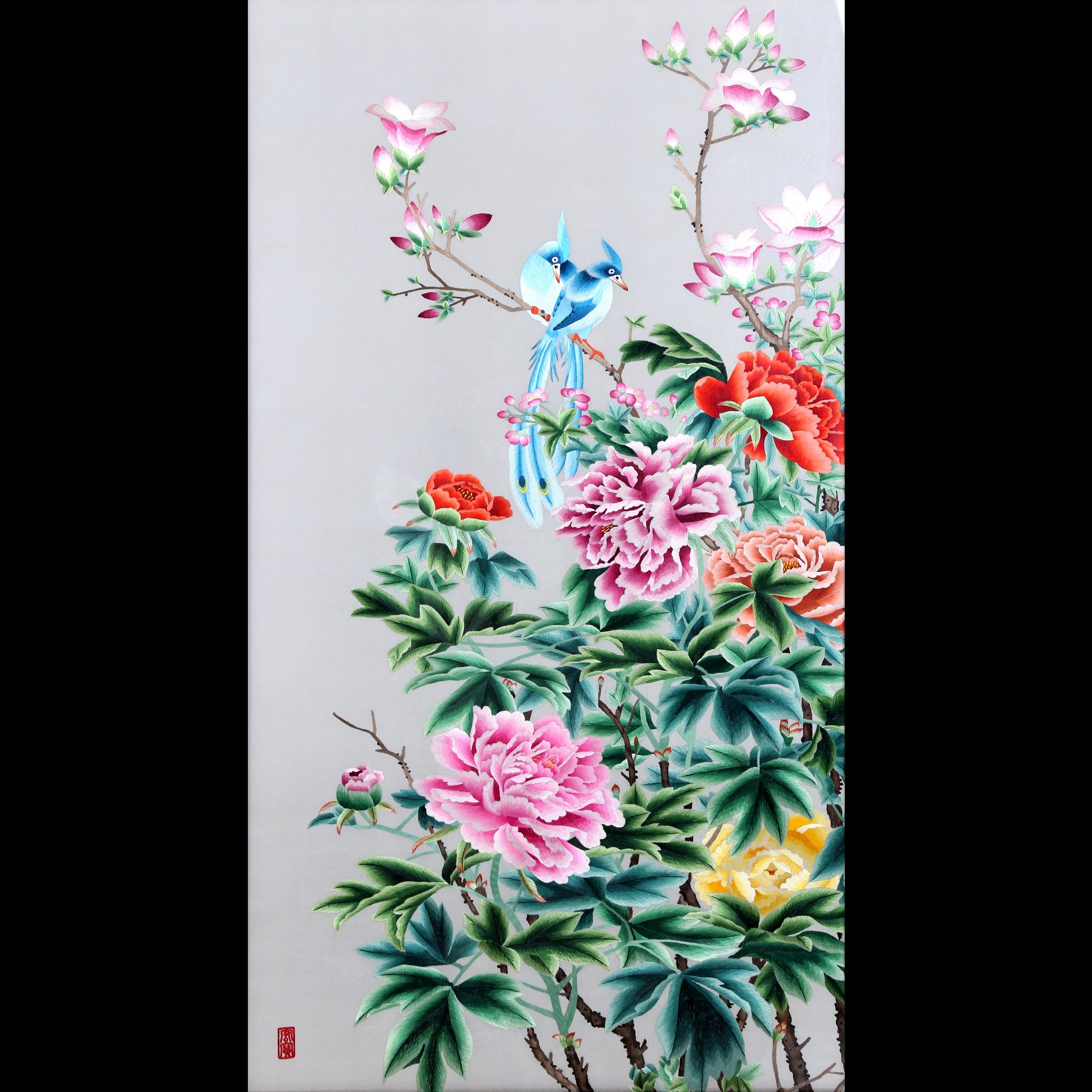 侯玲玲刺绣汴绣作品花鸟屏风