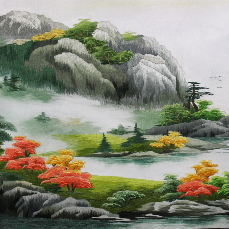 纯手工汴绣山水图 大师刺绣作品聚宝盆 特色工艺品礼品