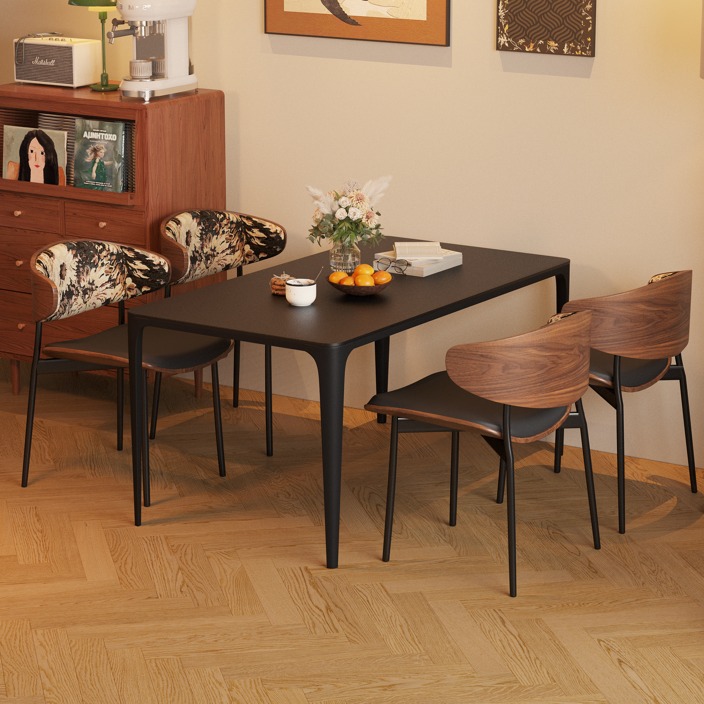 中古风餐桌椅家用实木靠背椅子新款高级感轻奢黑胡桃椅伊姆斯餐椅