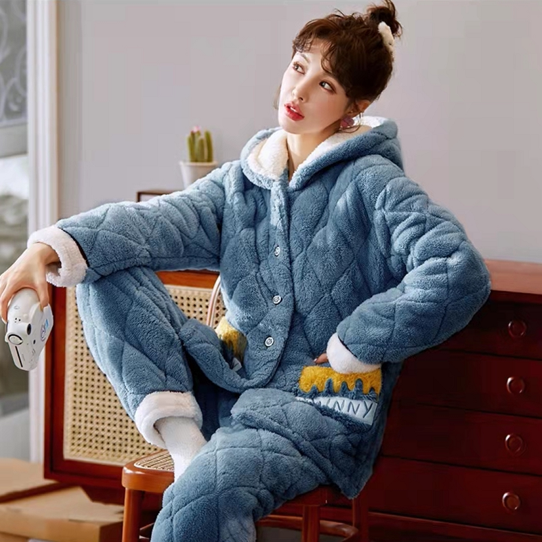 睡衣女冬三层加厚甜美可爱韩版冬季珊瑚绒夹棉家居服棉袄加绒保暖