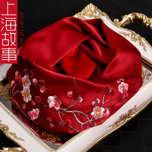 上海故事红色围巾女冬季刺绣红丝巾送妈妈秋冬本命年礼物2024龙年