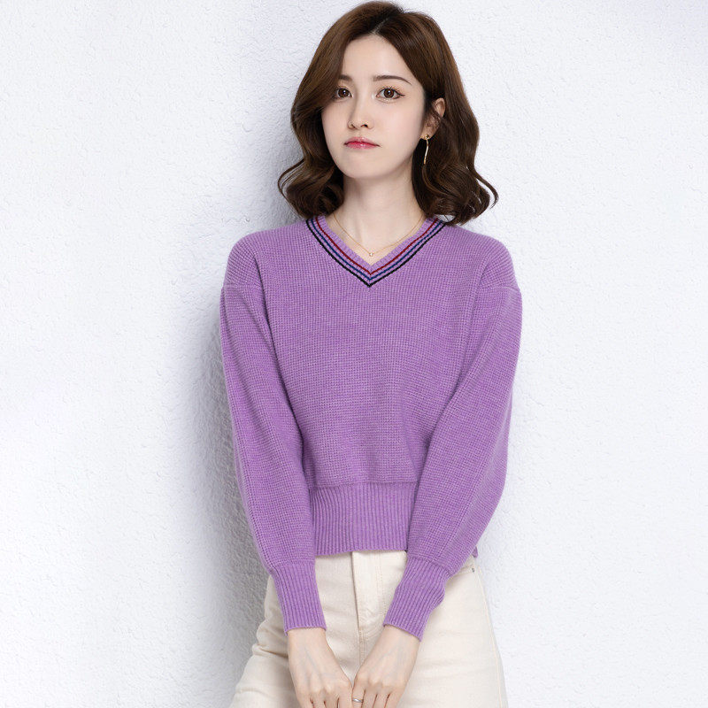 印象草原2022春秋季傲丝度羊毛衫济民女装兔皇羊绒毛衣v领小短款