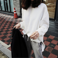 韩国2016秋季新款宽松长袖t恤女学生百搭简约白色打底衫磨破上衣