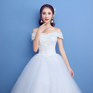 婚纱2023新款一字肩韩式修身大码新娘婚纱礼服齐地蓬蓬裙高级礼服
